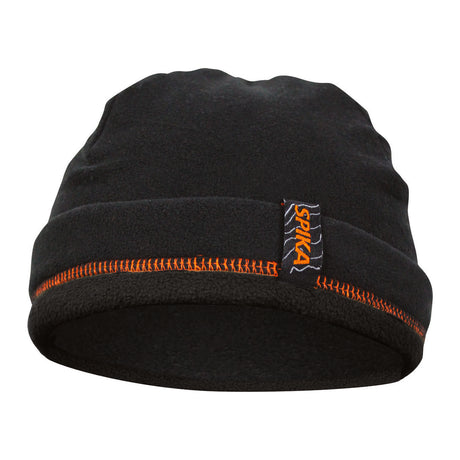 Spika black fleece beanie with orange overlock stitching and Spika tag from the men's 5 Piece Box Pack