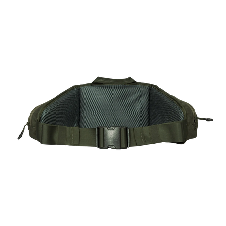 Spika Drover II Waist Pack in Olive Summit, rear view of padded mesh back panel and buckle waist belt
