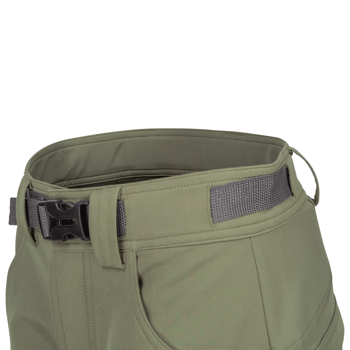 Spika Recon women's pants in Dusky Green, close-up of contoured waistband and webbing belt buckle