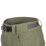 Spika Recon women's pants in Dusky Green, close-up of contoured waistband and webbing belt buckle