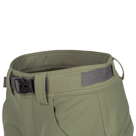Spika Recon women's pants in Dusky Green, close-up of contoured waistband and webbing belt buckle