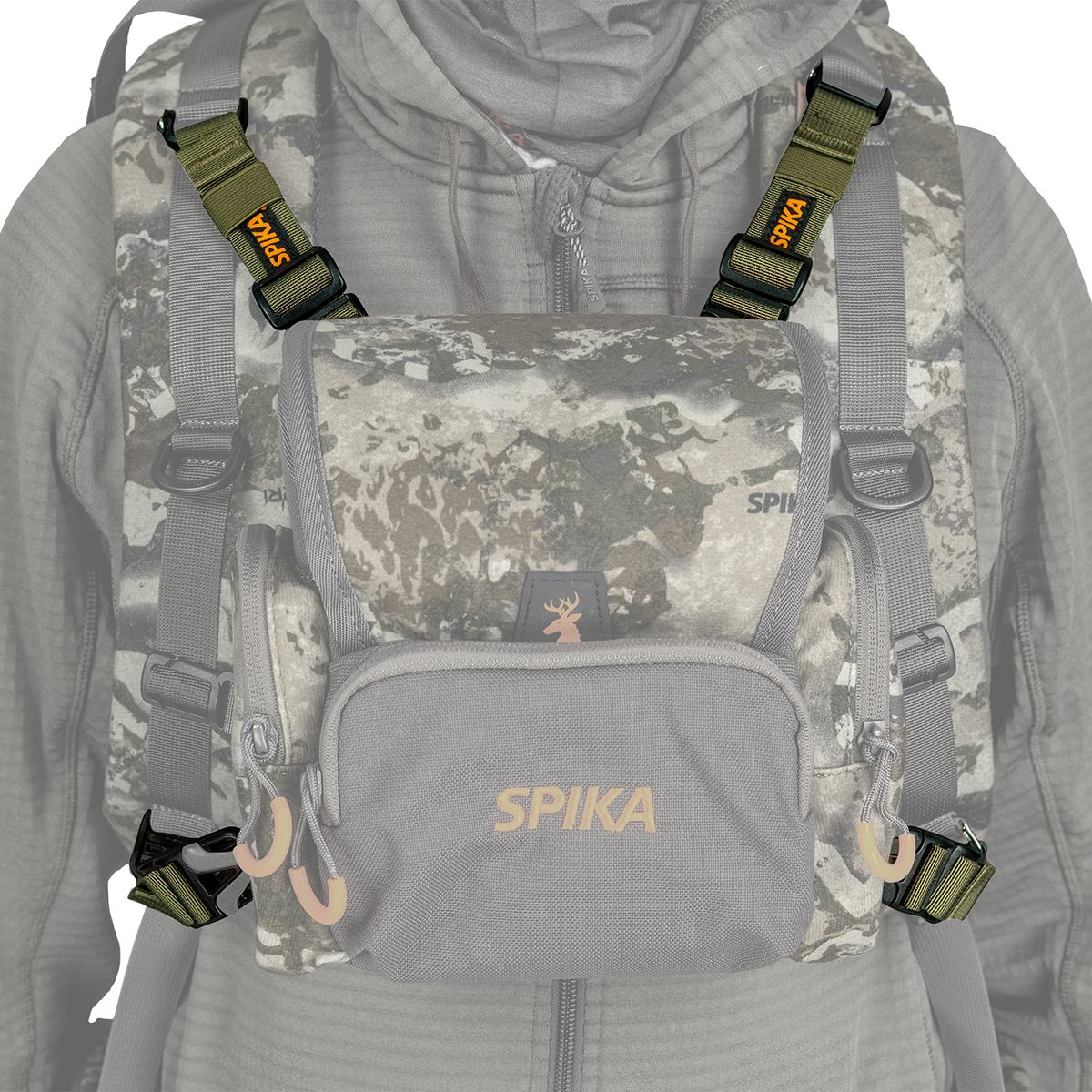 Spika Drover bino pack connecting straps fitted from shoulder harness to a camo bino pack on the chest