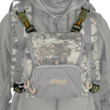 Spika Drover bino pack connecting straps fitted from shoulder harness to a camo bino pack on the chest