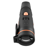 ThermTec Wild 635L Pro thermal monocular, front view of the objective lens and built-in rangefinder ports