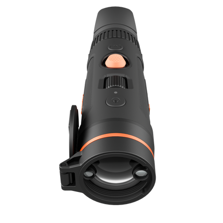 ThermTec Wild 635L Pro thermal monocular, front view of the objective lens and built-in rangefinder ports