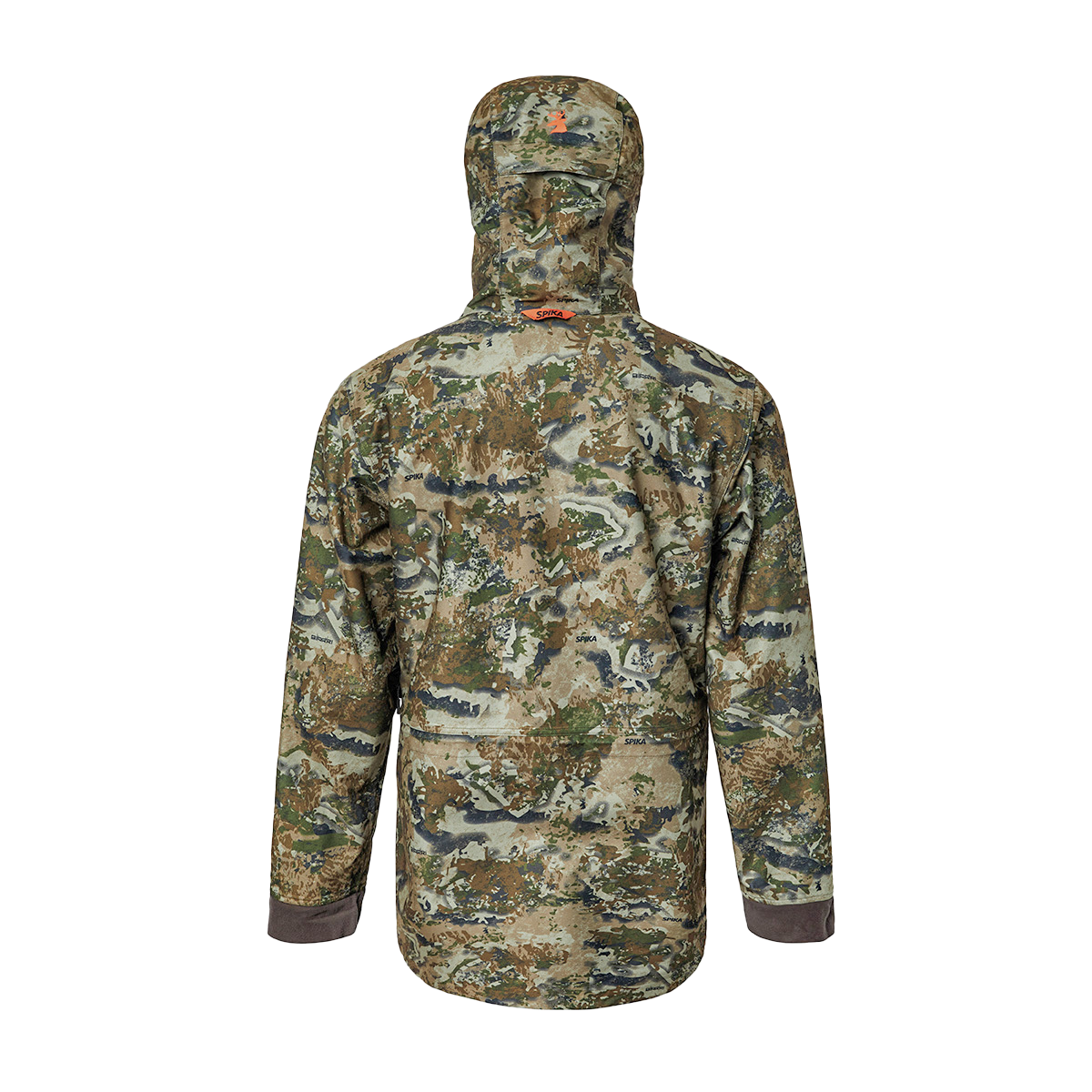 Spika Stalker men's hunting jacket in Biarri Camo, back view with hood and orange pull tab