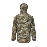 Spika Stalker men's hunting jacket in Biarri Camo, back view with hood and orange pull tab