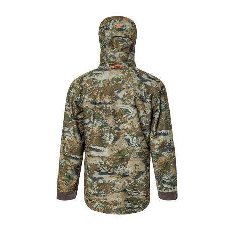 Spika Stalker men's hunting jacket in Biarri Camo, back view with hood and orange pull tab