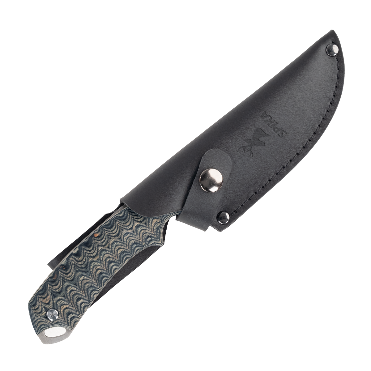 Spika Bushmaster Dogtooth knife in its black leather sheath with snap retention strap and stag logo