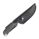 Spika Bushmaster Dogtooth knife in its black leather sheath with snap retention strap and stag logo