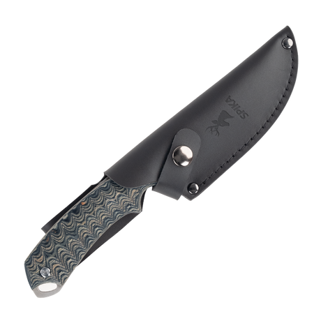 Spika Bushmaster Dogtooth knife in its black leather sheath with snap retention strap and stag logo