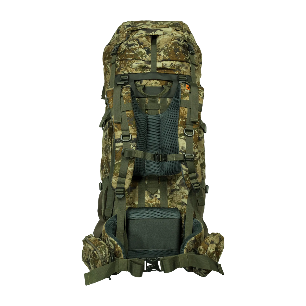 Spika Drover II Hauler 80L pack and frame in Biarri Camo, rear view of harness, back panel and hip belt