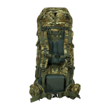 Spika Drover II Hauler 80L pack and frame in Biarri Camo, rear view of harness, back panel and hip belt