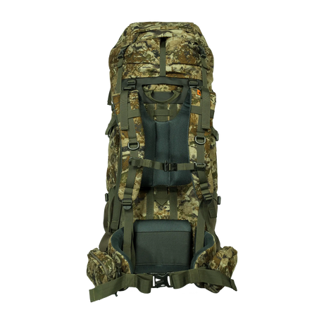 Spika Drover II Hauler 80L pack and frame in Biarri Camo, rear view of harness, back panel and hip belt