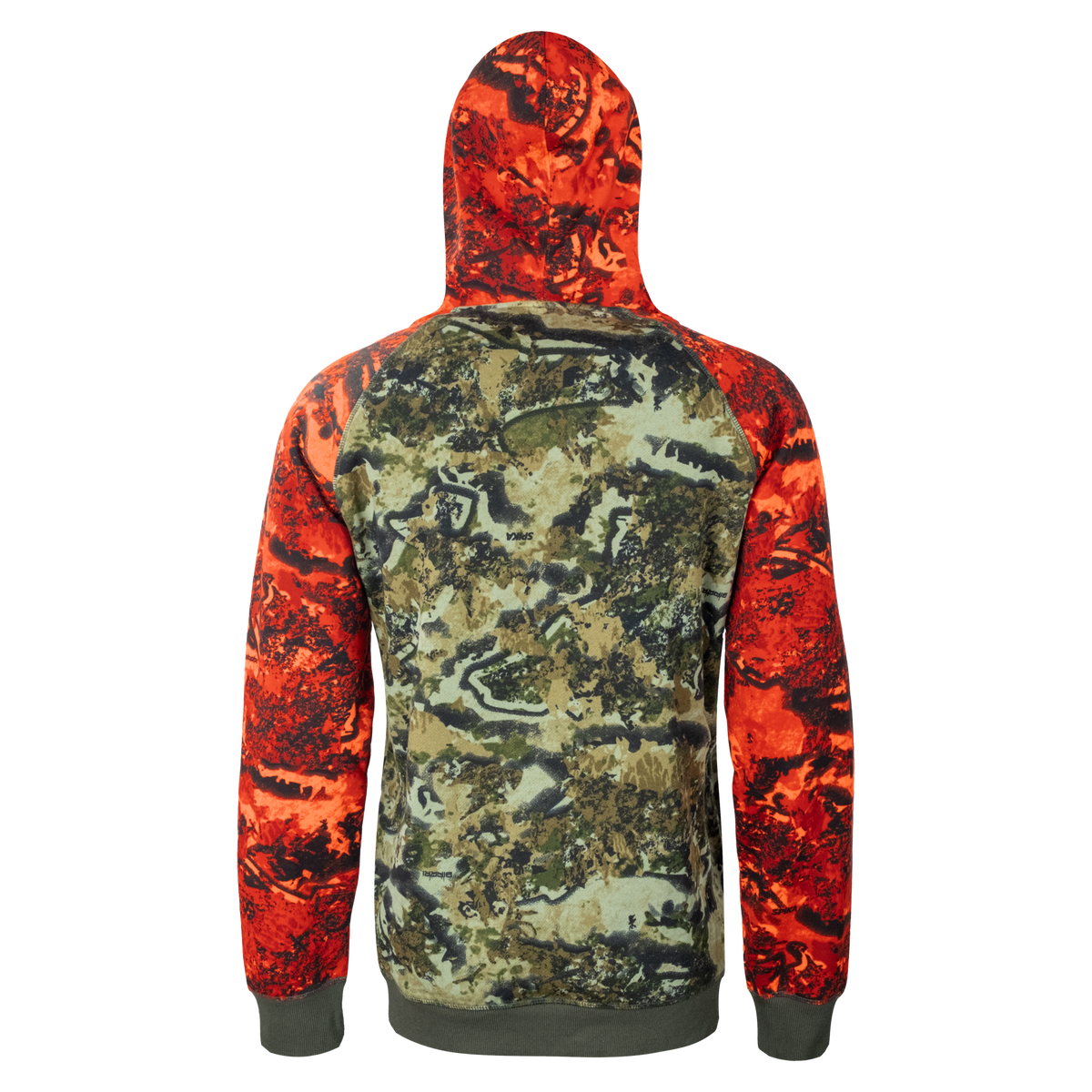 Spika GO Classic men's hoodie in Biarri Blaze, back view with blaze orange hood and sleeves