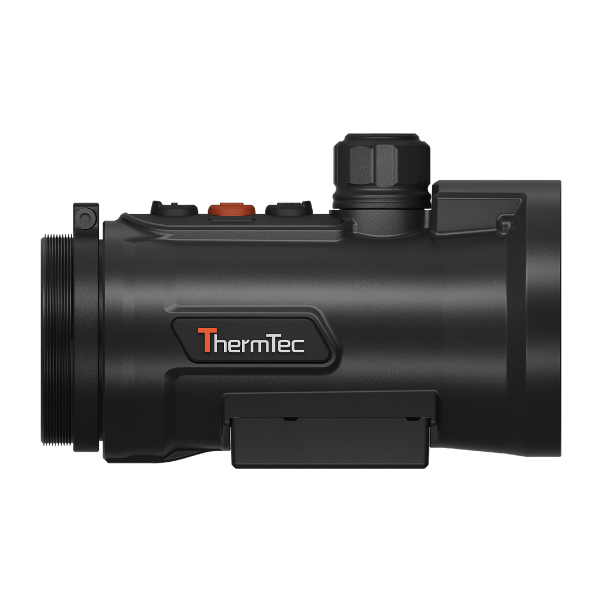 ThermTec Hunt Pro 635L thermal clip-on, side profile showing ThermTec logo and Picatinny rail mount