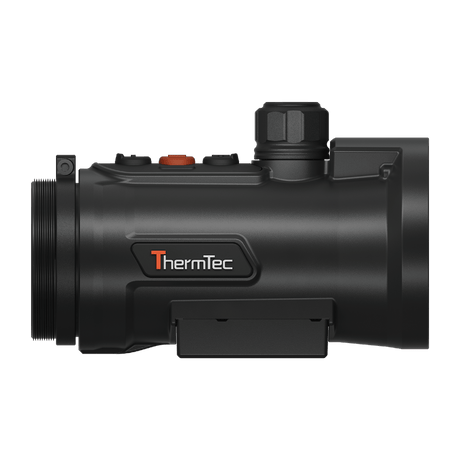 ThermTec Hunt Pro 635L thermal clip-on, side profile showing ThermTec logo and Picatinny rail mount