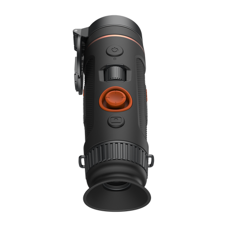 ThermTec Wild 335 thermal monocular, top view of controls with eyecup and flipped-up lens cap