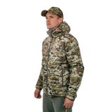 Model in the Spika Chase men's Biarri Camo puffer jacket and cap, three-quarter side view