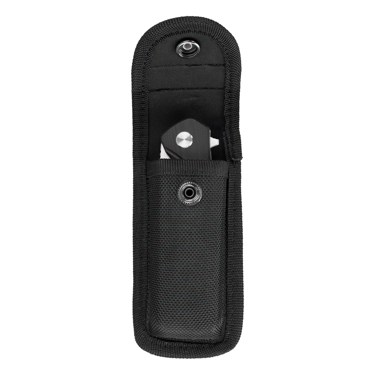 Spika Bushmaster Raider closed folding knife stored deep inside the black nylon pouch, flap open