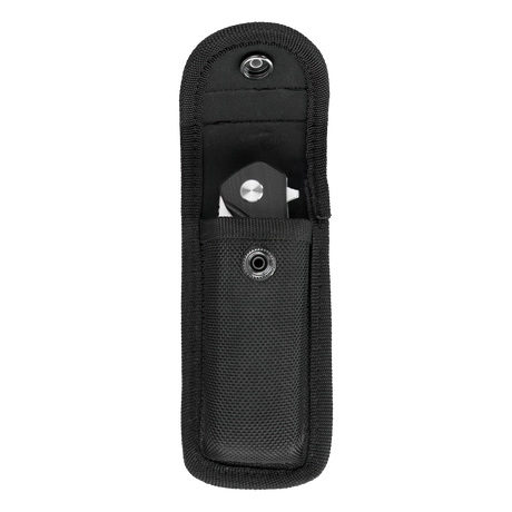 Spika Bushmaster Raider closed folding knife stored deep inside the black nylon pouch, flap open