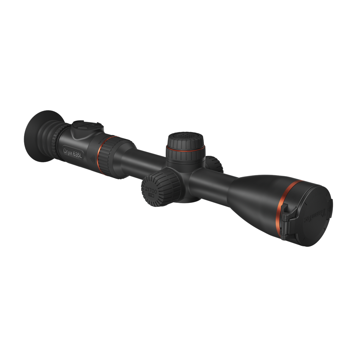ThermTec Oryx 635L thermal tube scope in black with orange rings, three-quarter view with lens cap on