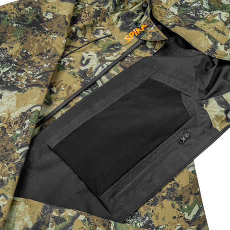 Spika Scout men's jacket in Biarri Camo, opened to show black interior lining and inner zip pocket