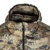 Spika Hideout men's puffer jacket in Biarri Camo, close-up of hood, tan lining and front zip