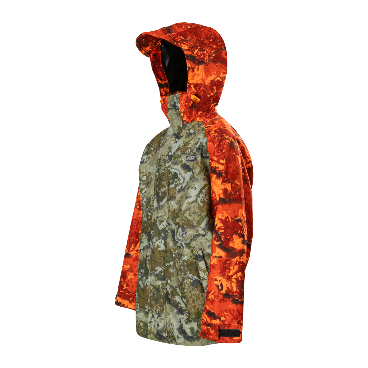 Spika Valley kids' jacket in Biarri Camo/Blaze, three-quarter view with blaze orange hood up
