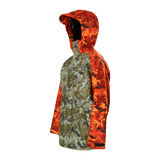 Spika Valley kids' jacket in Biarri Camo/Blaze, three-quarter view with blaze orange hood up