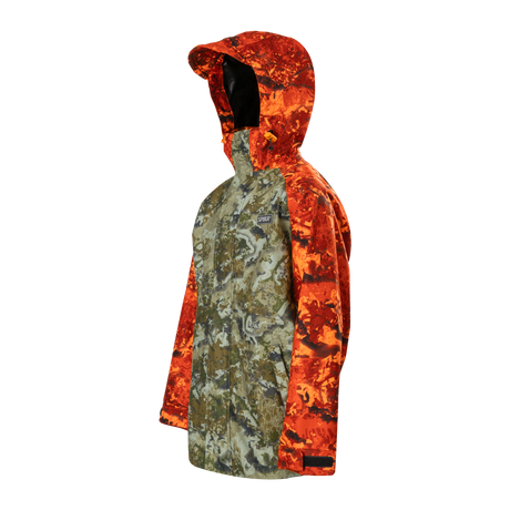 Spika Valley kids' jacket in Biarri Camo/Blaze, three-quarter view with blaze orange hood up