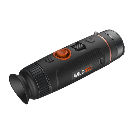 ThermTec Wild 335 thermal monocular, rear three-quarter view of eyecup, focus ring and controls