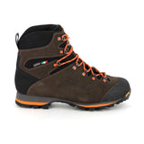 Zamberlan 1103 Storm GTX men's hiking boot in dark brown and orange, outer side profile with Gore-Tex tab