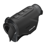 ThermTec Cyclone 325 thermal monocular, elevated view of control buttons with eyecup in foreground