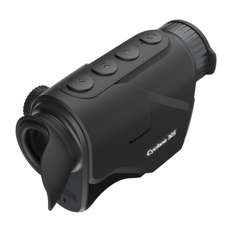 ThermTec Cyclone 325 thermal monocular, elevated view of control buttons with eyecup in foreground