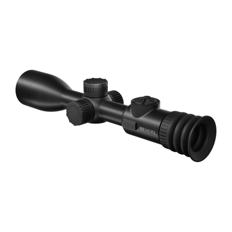 ThermTec IBEX 635L thermal tube scope, front three-quarter view of objective bell, turrets and IBEX badge