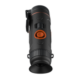 ThermTec Wild 635 thermal monocular, top view of controls with eyecup and flipped-up lens cap