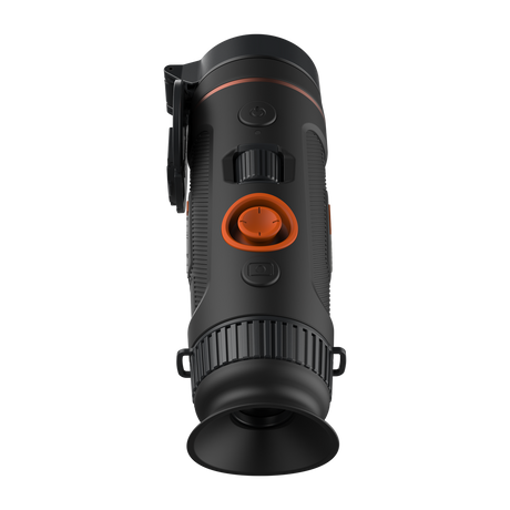 ThermTec Wild 635 thermal monocular, top view of controls with eyecup and flipped-up lens cap