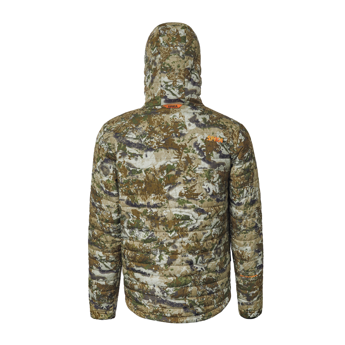 Spika Chase men's Biarri Camo puffer jacket, back view with orange logos at neck and shoulder
