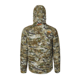 Spika Chase men's Biarri Camo puffer jacket, back view with orange logos at neck and shoulder