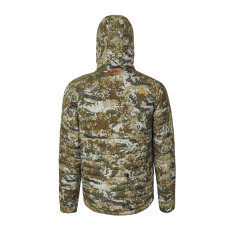 Spika Chase men's Biarri Camo puffer jacket, back view with orange logos at neck and shoulder