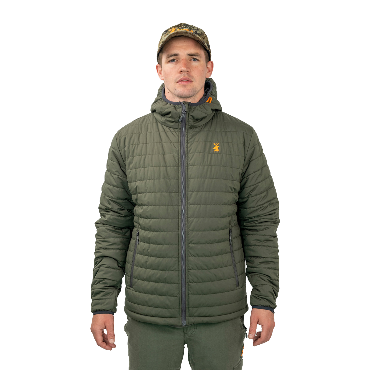 Man wearing the Spika Chase hooded puffer jacket in Olive with a camo cap, front view