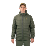 Man wearing the Spika Chase hooded puffer jacket in Olive with a camo cap, front view