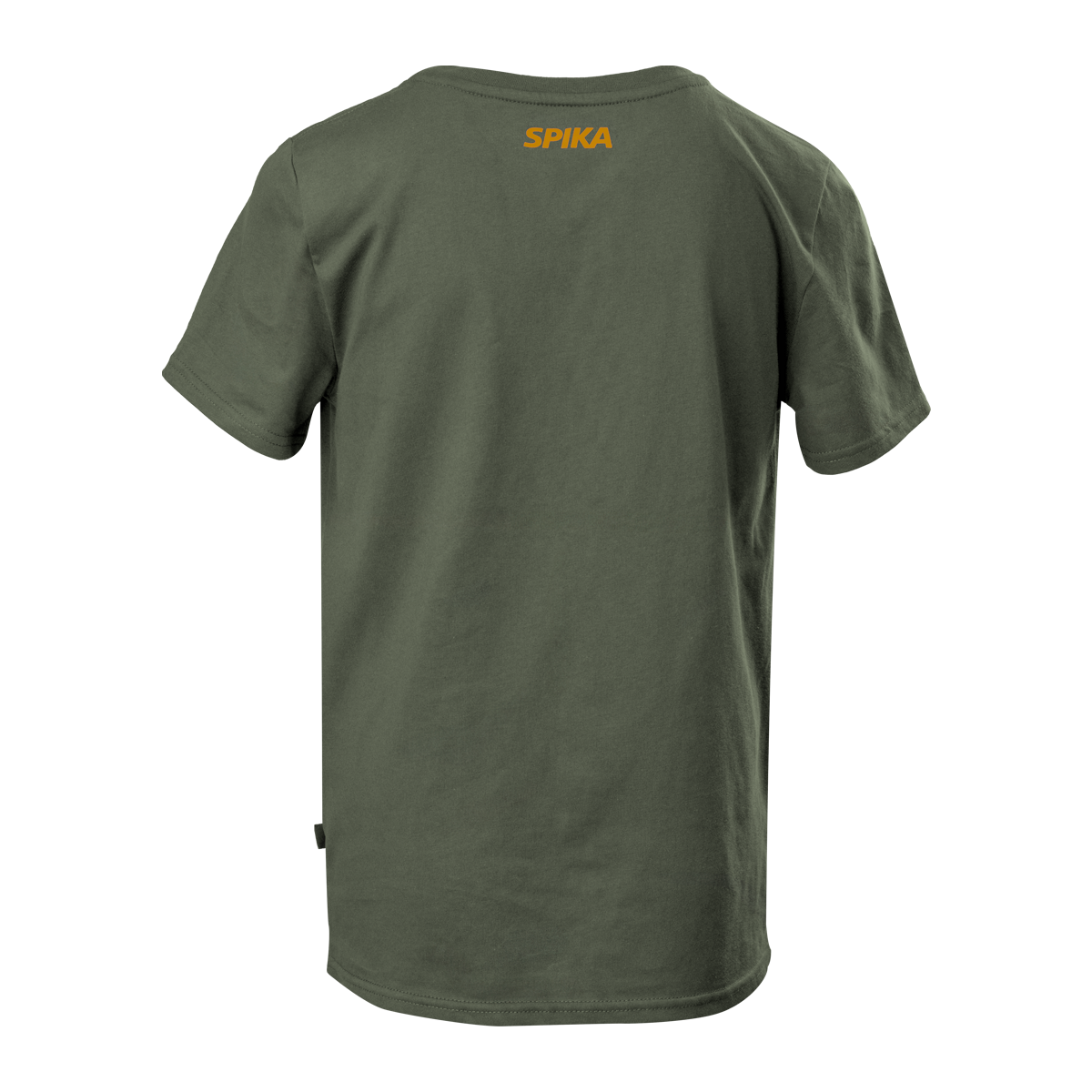 Spika GO Seeker kids' t-shirt in Olive, back view with small orange Spika logo below the collar