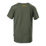 Spika GO Seeker kids' t-shirt in Olive, back view with small orange Spika logo below the collar