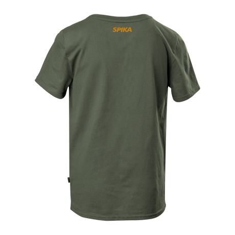 Spika GO Seeker kids' t-shirt in Olive, back view with small orange Spika logo below the collar