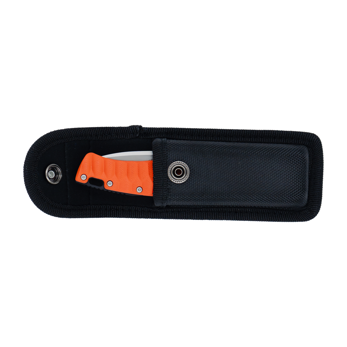 Spika Bushmaster Tango orange folding knife stored in its open black nylon belt pouch
