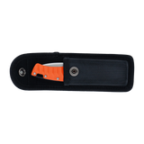 Spika Bushmaster Tango orange folding knife stored in its open black nylon belt pouch