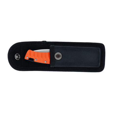 Spika Bushmaster Tango orange folding knife stored in its open black nylon belt pouch