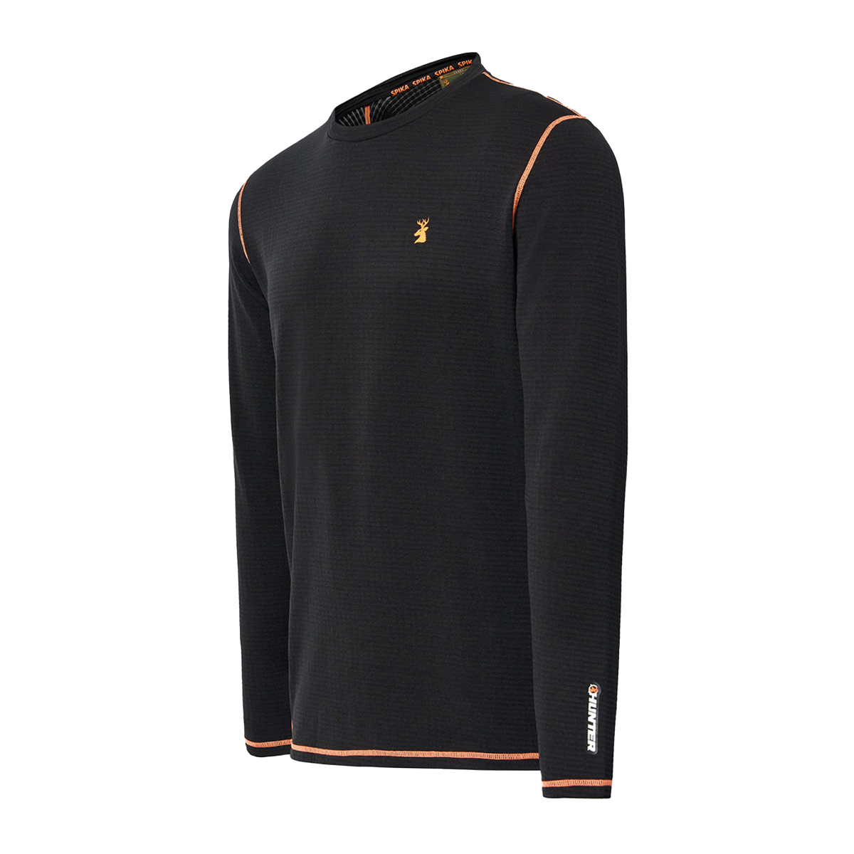 Spika ThermaFlow men's thermal top in Black, three-quarter view with orange stitching and sleeve logo